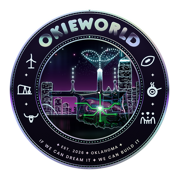 The OkieWorld emblem: a glass Oklahoma with glowing circuit roots, a drone-light seedling and the Oklahoma City skyline inside a chrome ring