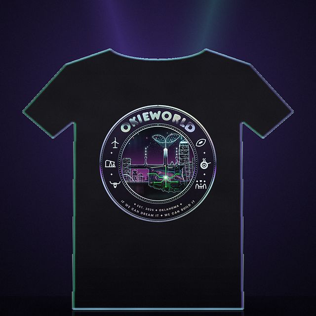 OkieWorld varsity jacket and crest tee campaign shot