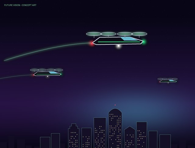 Concept art: generic electric flying cars with glowing rotor rings and light trails above a night city skyline