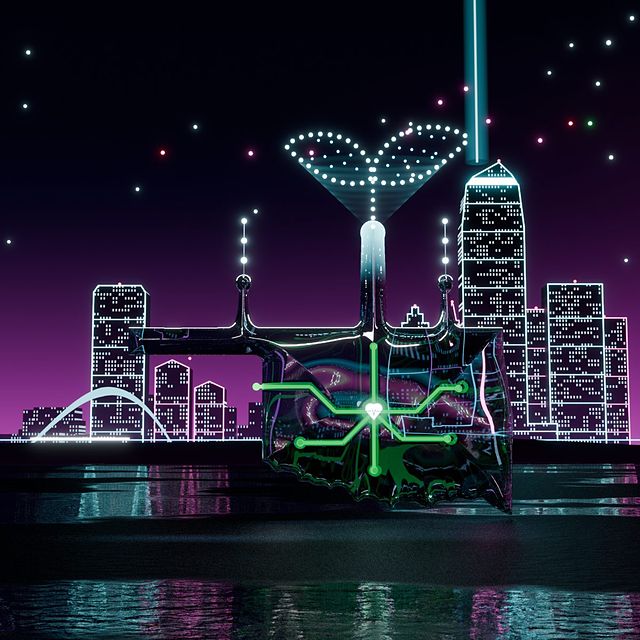 Night skyline artwork from the OkieWorld emblem through a drone camera overlay